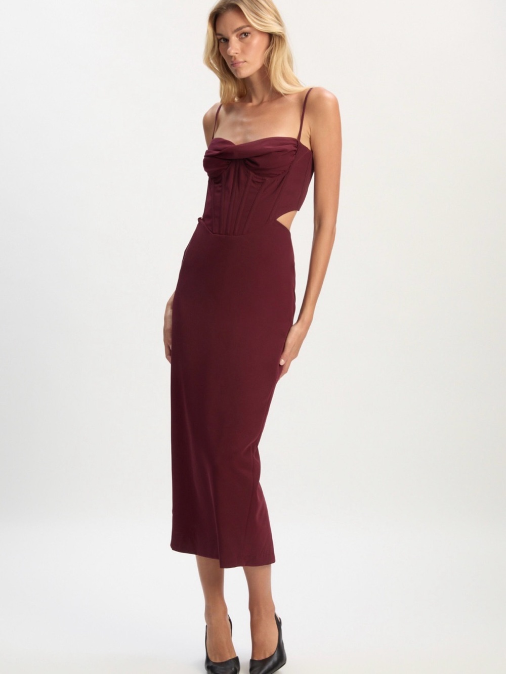 Burgundy Corset Midi Dress with Spaghetti Straps